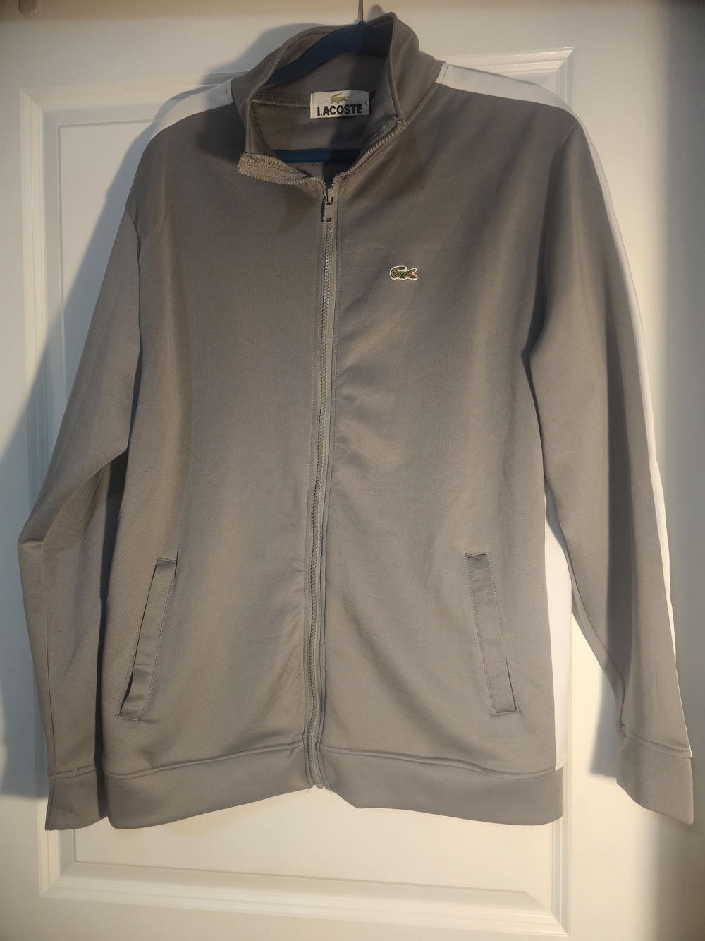 Men's Lacoste Light Gray Track Jacket with White Shoulder Stripe